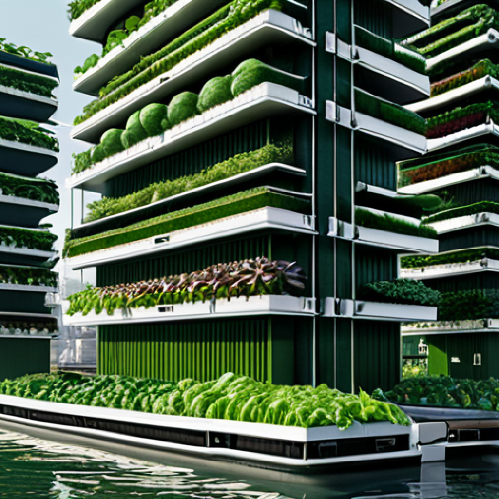 **Floating Vertical Farm Cityscape:** A futuristic cityscape with floating platforms covered in vertical farms. The farms are lush with greenery, using hydroponics and solar panels for sustainability. The overall style is optimistic and innovative, showcasing a self-sufficient urban environment on water.