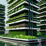 **Floating Vertical Farm Cityscape:** A futuristic cityscape with floating platforms covered in vertical farms. The farms are lush with greenery, using hydroponics and solar panels for sustainability. The overall style is optimistic and innovative, showcasing a self-sufficient urban environment on water.