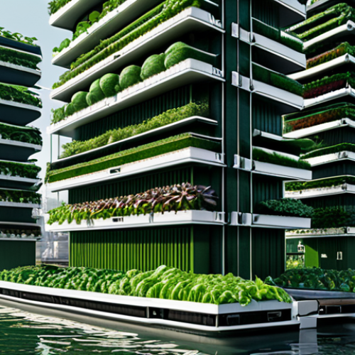 Home 4 **Floating Vertical Farm Cityscape:** A futuristic cityscape with floating platforms covered in vertical farms. The farms are lush with greenery, using hydroponics and solar panels for sustainability. The overall style is optimistic and innovative, showcasing a self-sufficient urban environment on water.
