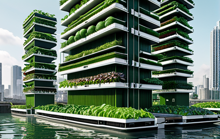**Floating Vertical Farm Cityscape:** A futuristic cityscape with floating platforms covered in vertical farms. The farms are lush with greenery, using hydroponics and solar panels for sustainability. The overall style is optimistic and innovative, showcasing a self-sufficient urban environment on water.