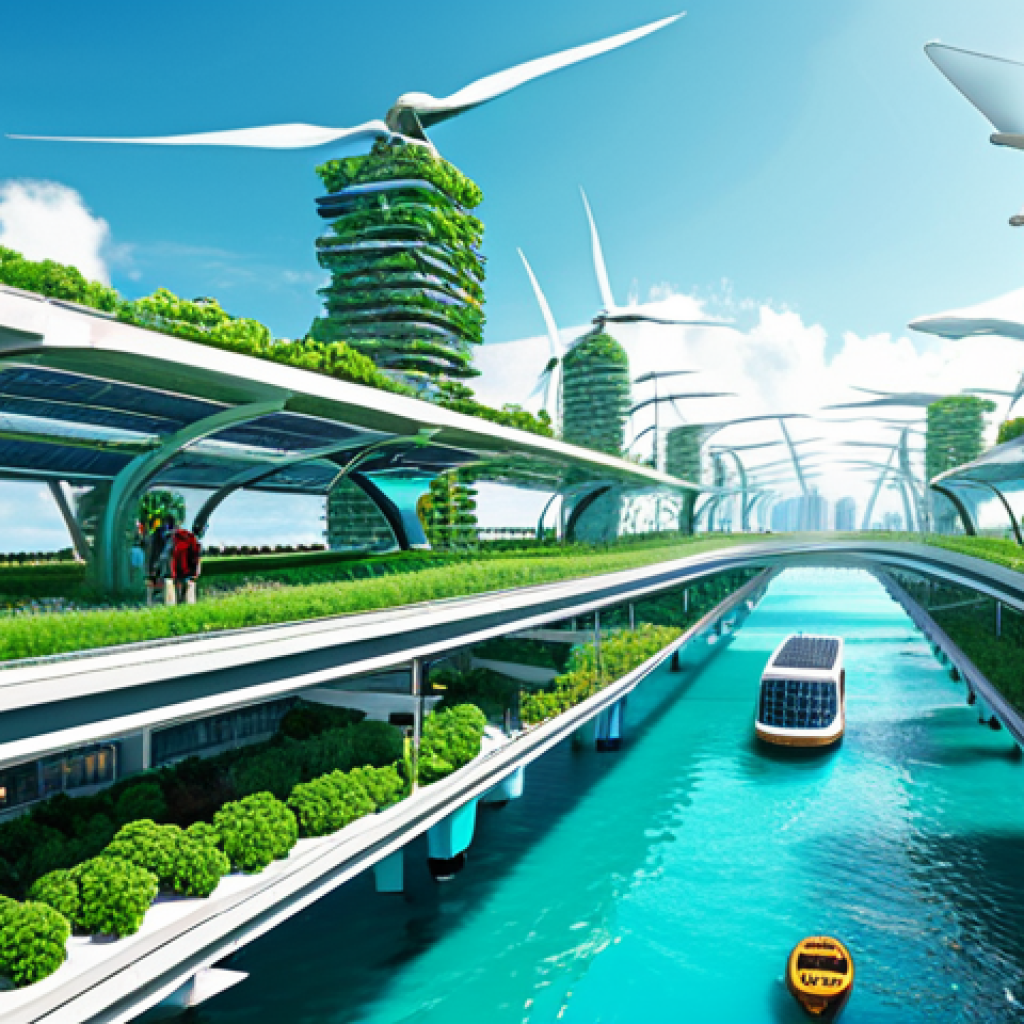 Floating City Ecosystem** "A futuristic floating city, fully clothed people walking on elevated walkways, solar panels and wind turbines providing power, lush greenery and vertical farms, vibrant coral reefs visible beneath the city, clear turquoise water, safe for work, appropriate content, fully clothed, perfect anatomy, correct proportions, natural pose, professional, sustainable architecture, bright sunny day, high quality." **