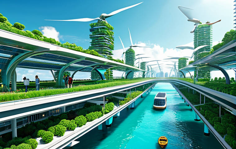 Floating City Ecosystem** "A futuristic floating city, fully clothed people walking on elevated walkways, solar panels and wind turbines providing power, lush greenery and vertical farms, vibrant coral reefs visible beneath the city, clear turquoise water, safe for work, appropriate content, fully clothed, perfect anatomy, correct proportions, natural pose, professional, sustainable architecture, bright sunny day, high quality." **