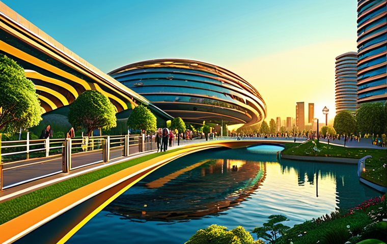 Futuristic Floating Cityscape at Sunset** "A breathtaking view of a futuristic floating city at sunset, reflecting gold off the modern architecture, interconnected by graceful bridges. Lush green gardens and parks adorn the platforms. Fully clothed people stroll along promenades enjoying the view. Safe for work, appropriate content, family-friendly, professional digital art, perfect anatomy, correct proportions, natural pose, vibrant colors, high detail." **