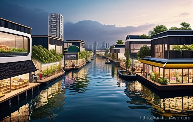 플로팅 도시의 디자인 요소 분석 - **A panoramic, high-angle aerial view of a futuristic floating city at sunrise.** The city is compri...