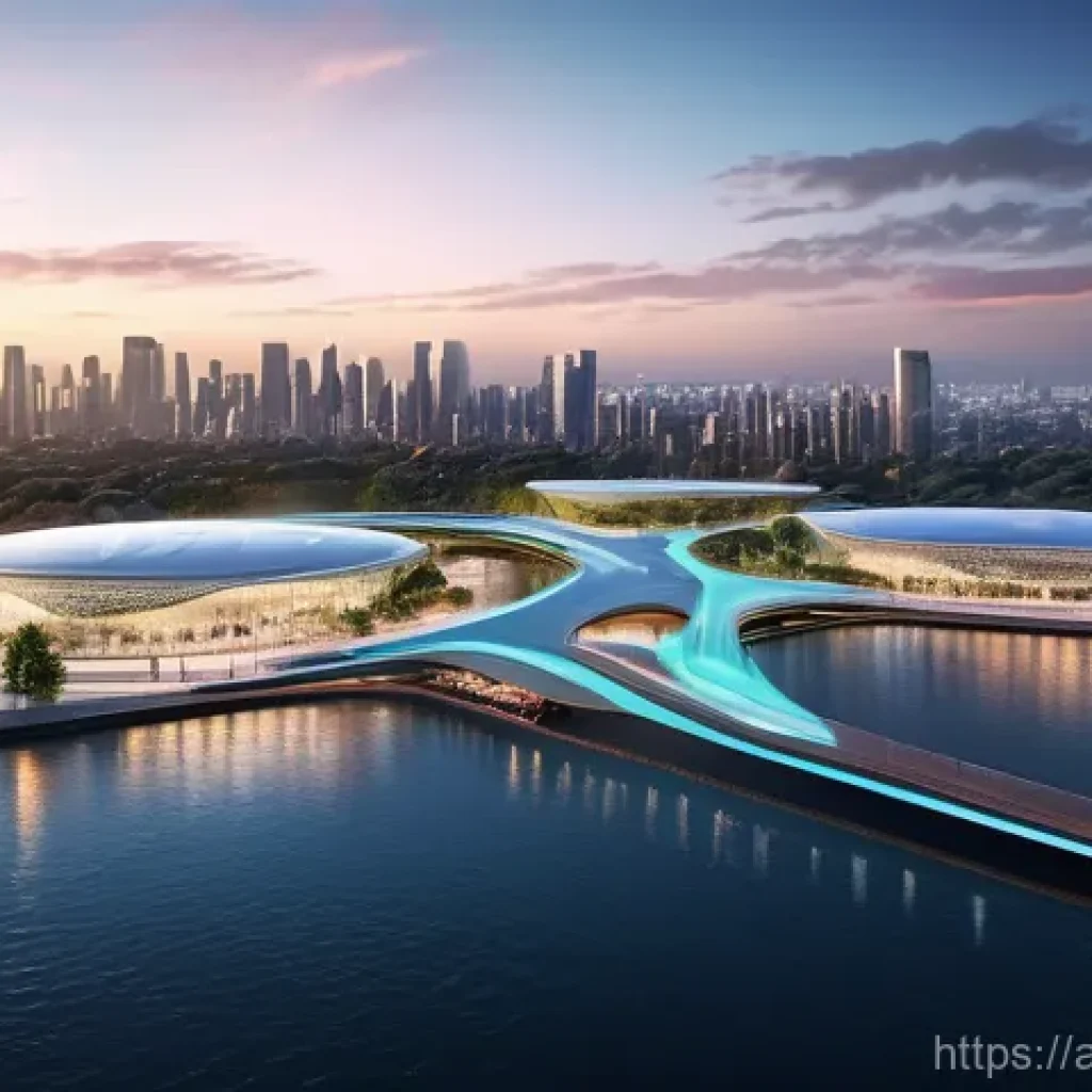 플로팅 도시의 디지털 트랜스포메이션 - **AI-Integrated Floating City Hub at Dusk** A bustling, futuristic central hub of an AI-powered ...