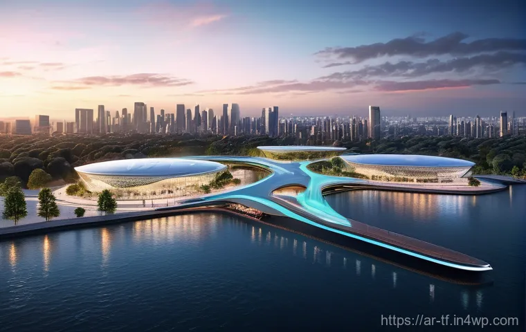 플로팅 도시의 디지털 트랜스포메이션 - **AI-Integrated Floating City Hub at Dusk** A bustling, futuristic central hub of an AI-powered ...