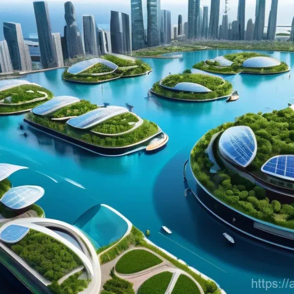 플로팅 시티의 지역 경제 활성화 방안 - **A vibrant, futuristic floating city in a calm, clear blue ocean, showcasing cutting-edge green tec...
