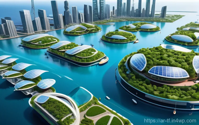 플로팅 시티의 지역 경제 활성화 방안 - **A vibrant, futuristic floating city in a calm, clear blue ocean, showcasing cutting-edge green tec...
