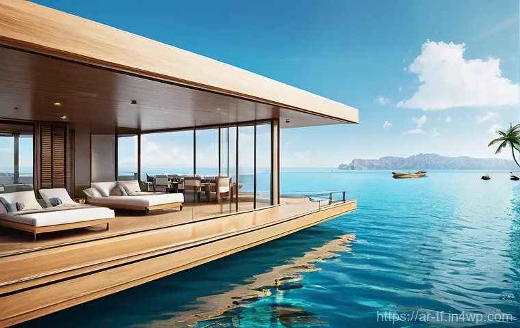 플로팅 시티의 지역 경제 활성화 방안 - **A vibrant, futuristic floating city in a calm, clear blue ocean, showcasing cutting-edge green tec...