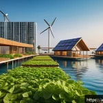 플로팅 도시의 사회적 공간 설계 - A vibrant floating social space in an Arabic coastal city at sunset, featuring diverse groups of peo...