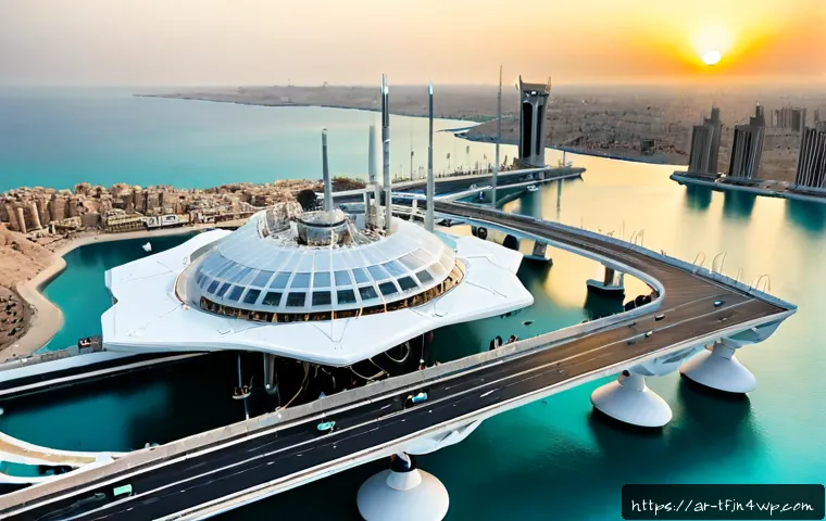 플로팅 시티의 통신 인프라 구축 - Photorealistic aerial view of a futuristic floating city above a calm turquoise sea, sleek white mod...